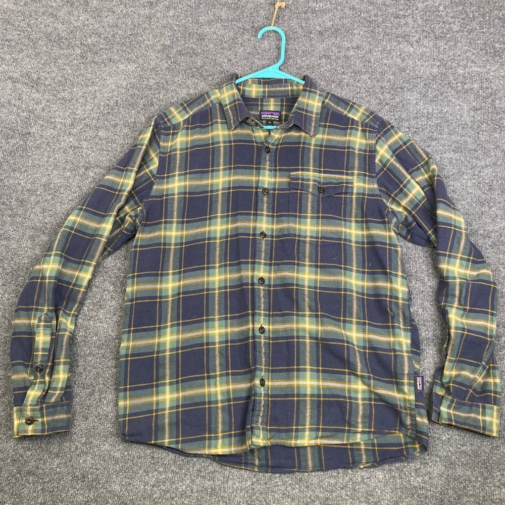 Patagonia Mens Long-Sleeved Fjord Flannel Shirt Plaid Navy Green 54020 FA21 M